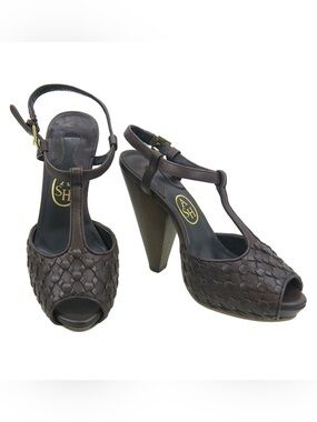 ASH Dark Brown Woven Leather T-Strap High Heel Sandals